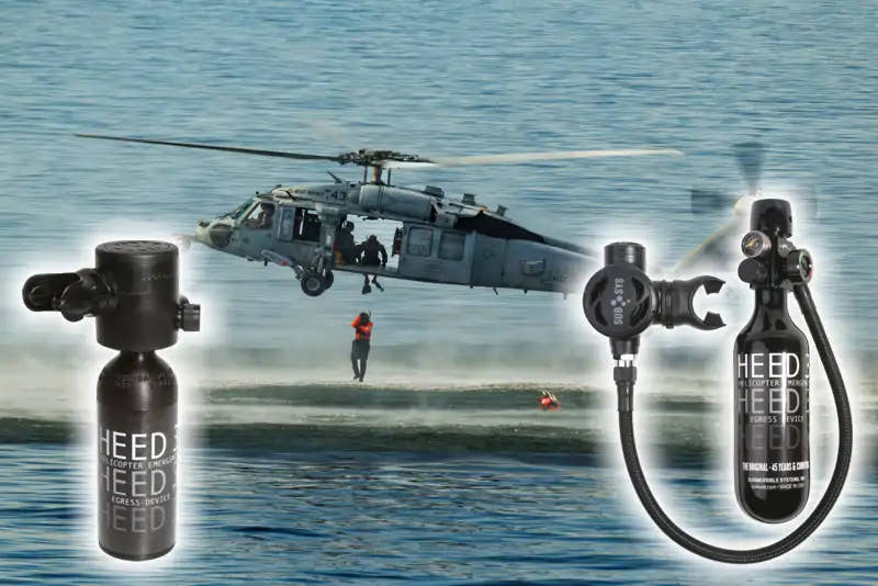 HEED 3 breathing devices pictured with a helicopter conducting an over-water rescue.