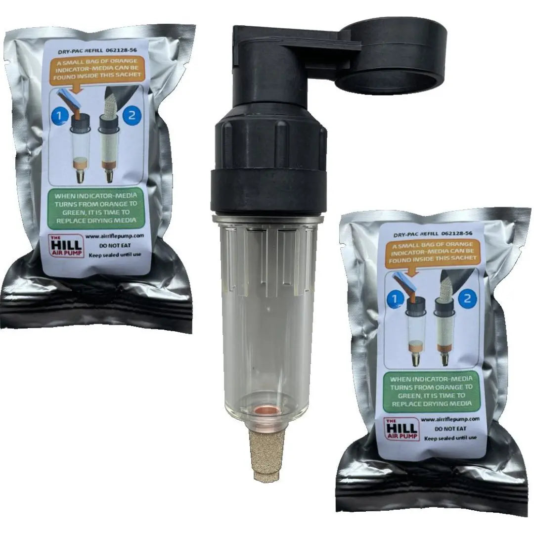 Hill Dry-Pac moisture filter with replaceable drying media sachets for high-pressure hand air pumps.