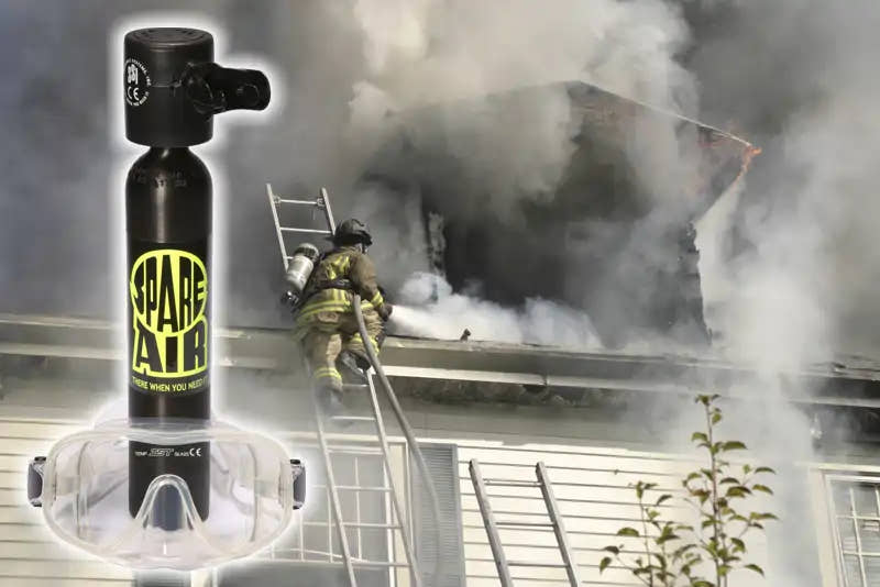 Spare Air Escape cylinder and mask pictured beside a firefighter at a smoke-filled building.