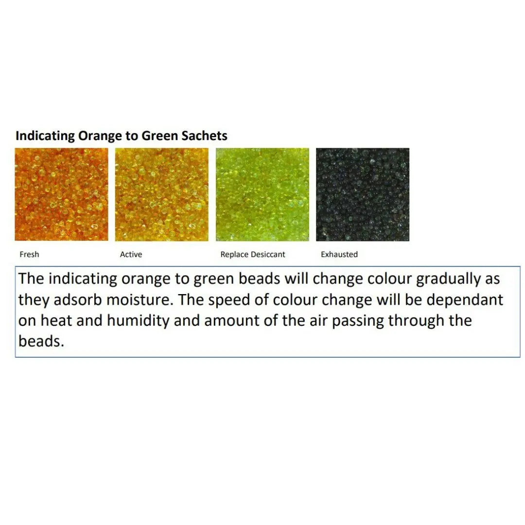 Indicating desiccant beads showing color change from orange to green as moisture is absorbed.