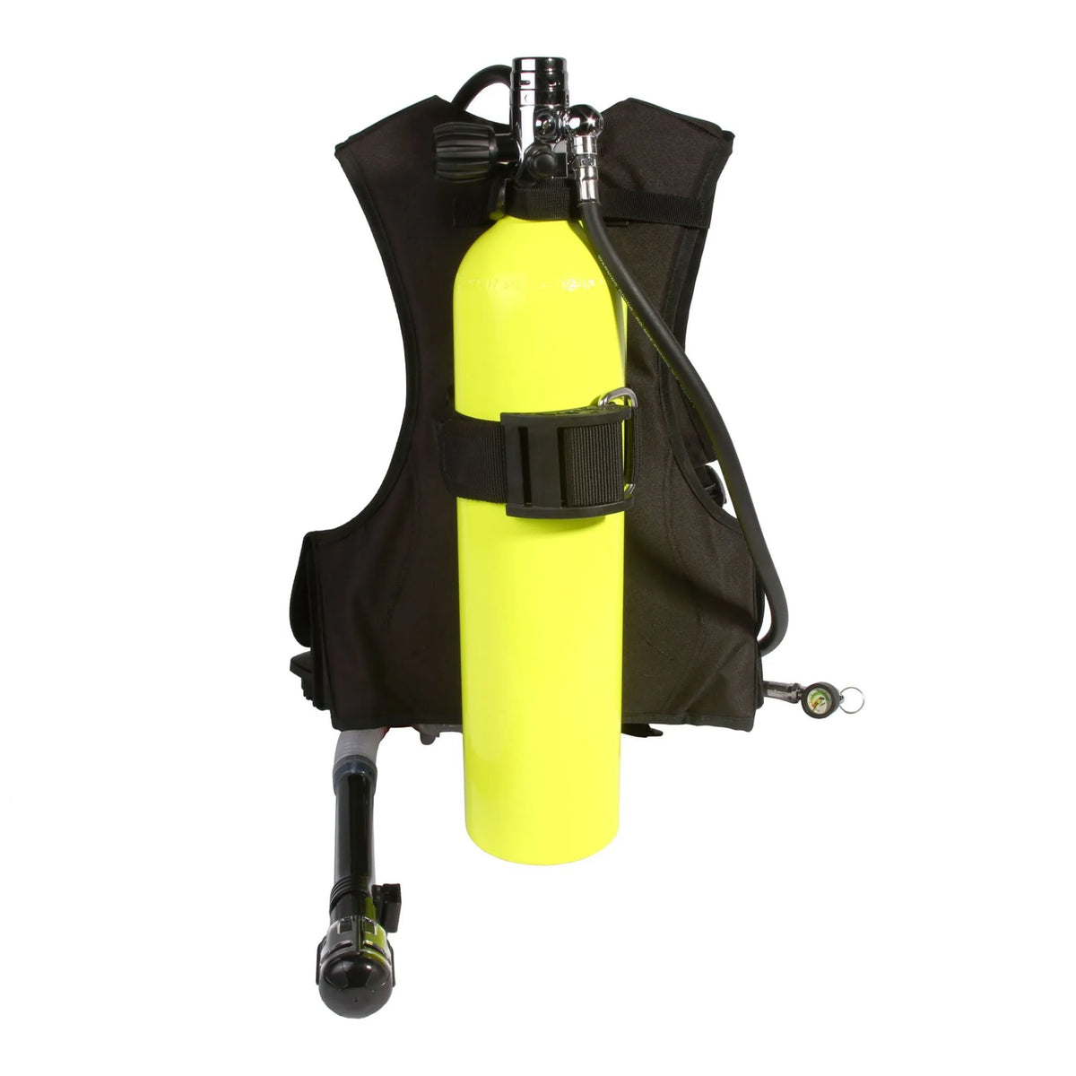EasyDive mini scuba tank kit with yellow cylinder, harness, regulator, and Snorkelator