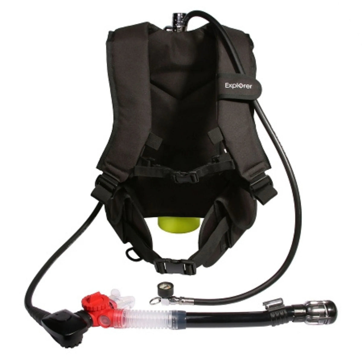 EasyDive mini scuba kit back view showing padded harness, regulator hose, and pressure gauge