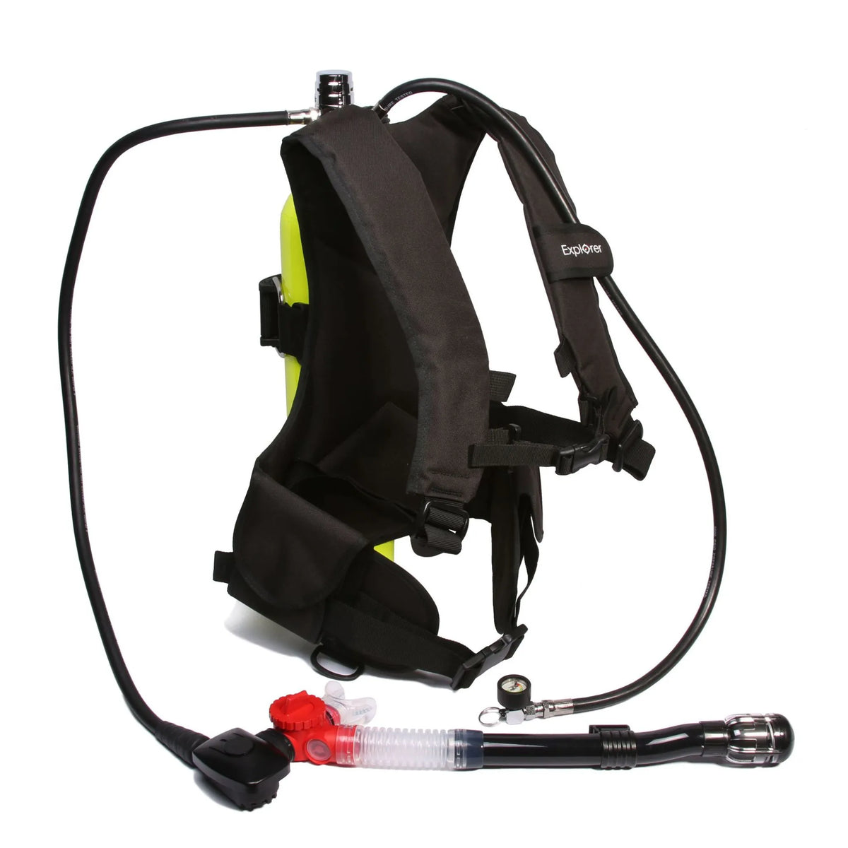 EasyDive mini scuba kit side view showing harness, regulator hose, gauge, and mouthpiece