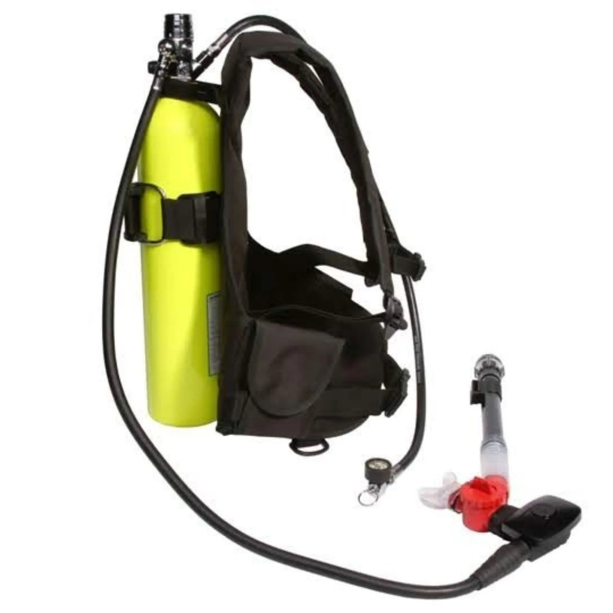 EasyDive mini scuba kit side angle showing yellow cylinder, harness, regulator, and gauge