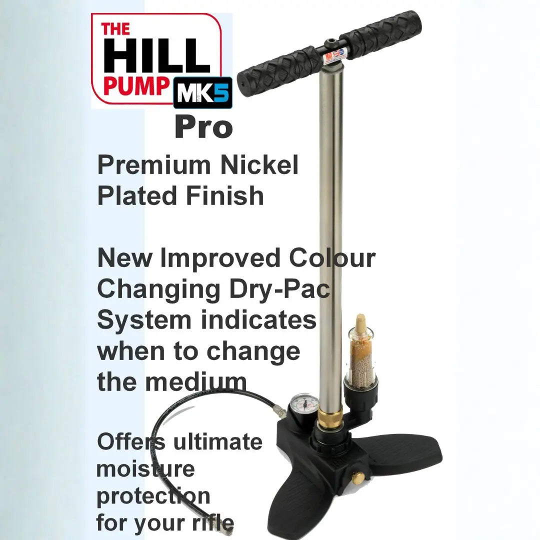 Hill MK5 Pro high-pressure hand pump featuring Dry-Pac color-changing moisture filtration system.
