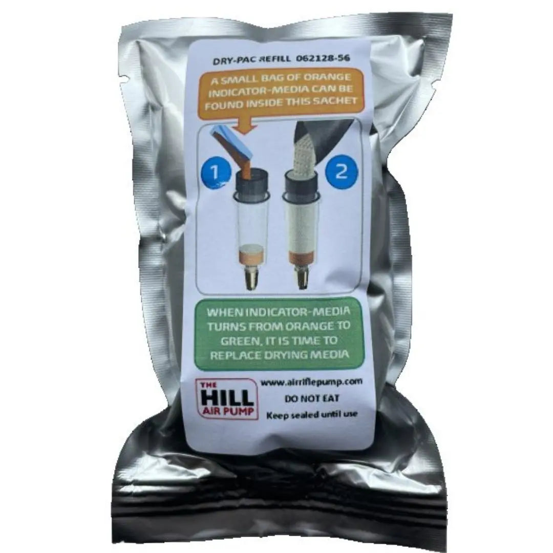 Hill Pump Dry-Pac refill sachet with orange to green color-changing desiccant media for moisture filtration.
