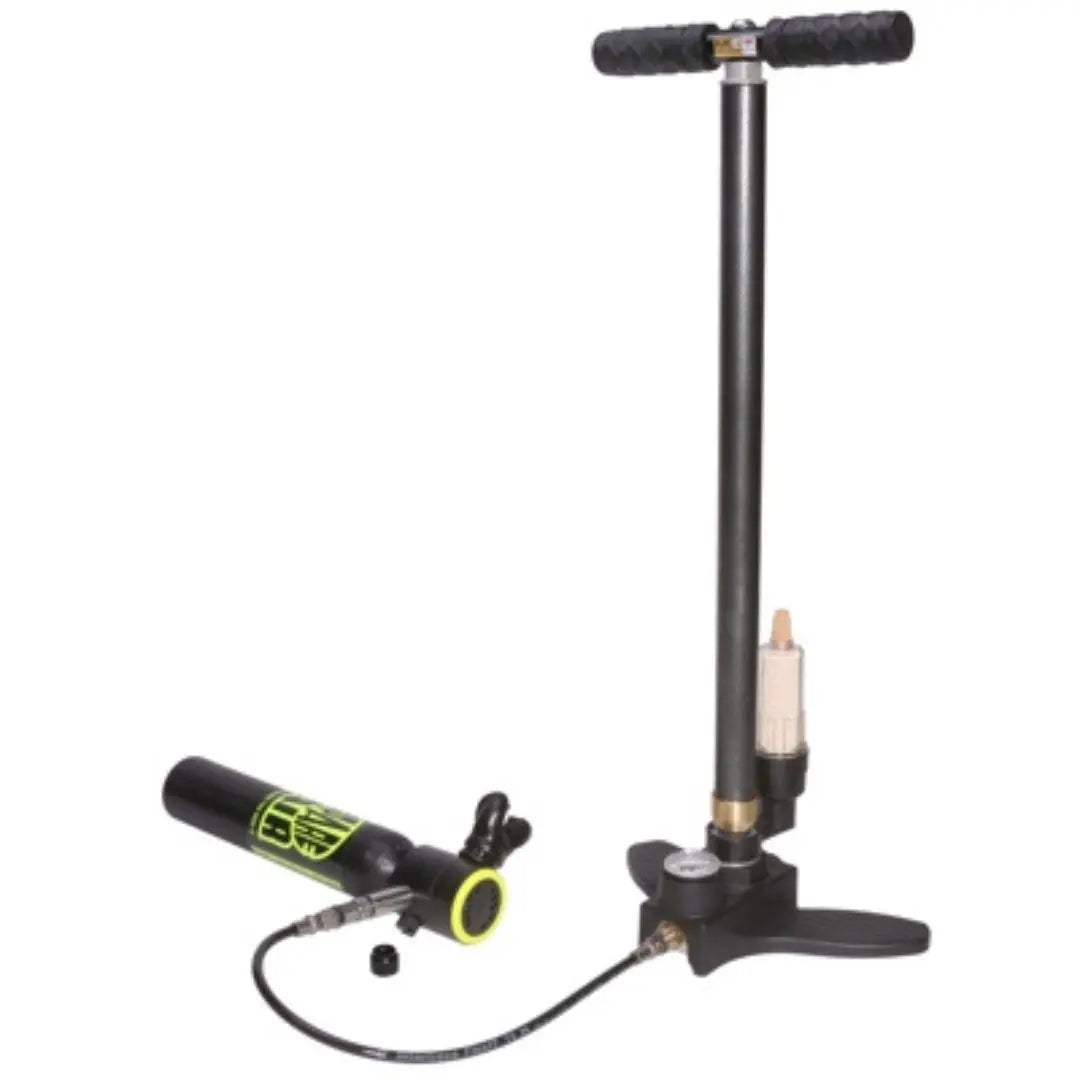 MK5 Pro Hill high-pressure hand pump with Dry-Pac filter filling a Spare Air mini scuba cylinder.
