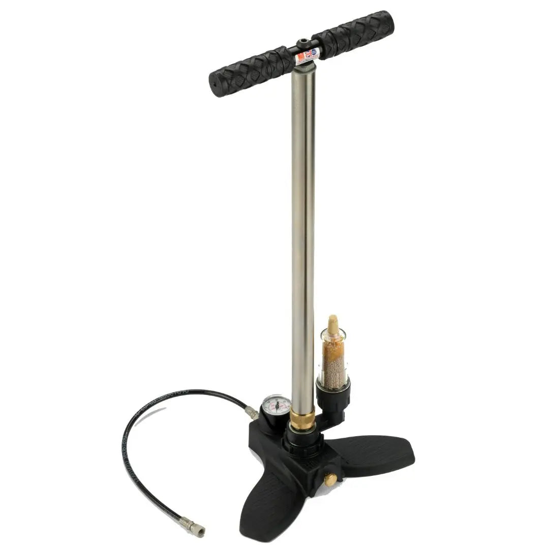 MK5 Pro Hill high-pressure hand air pump with integrated pressure gauge and Dry-Pac moisture filtration system.