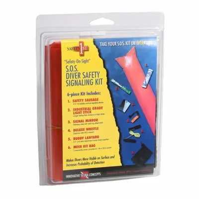 S.O.S. diver safety signaling kit with surface marker buoy and accessories.
