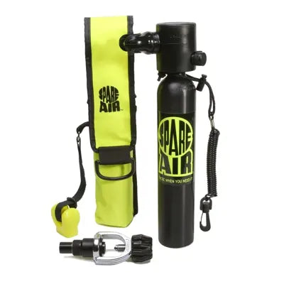 Spare Air 300 standard package with cylinder, holster, mouthpiece and refill adapter shown front view.
