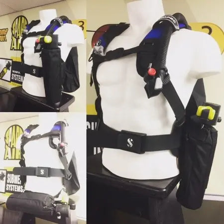 Spare Air mounted on a scuba BCD shown on a mannequin demonstrating multiple holster mounting positions.
