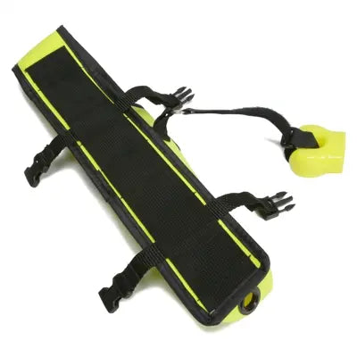 Back view of the yellow Spare Air holster showing adjustable mounting straps and attachment points.
