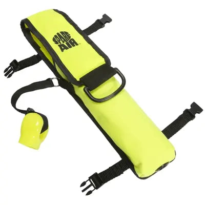 Yellow Spare Air holster with quick release straps and mouthpiece cover shown on a white background.
