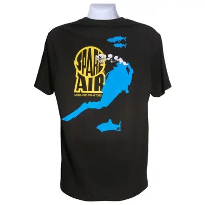 Back view of a black Spare Air t-shirt featuring the Spare Air logo and underwater diver graphic.
