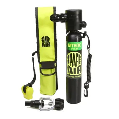 Spare Air Nitrox compatible cylinder with regulator, yellow holster, safety leash, and refill adapter.
