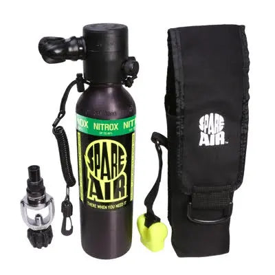 Spare Air Nitrox compatible cylinder with regulator, black holster, safety leash, mouthpiece cover, and refill adapter.
