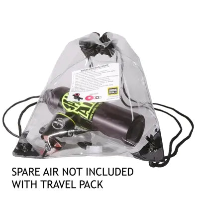 Clear drawstring travel pack bag shown with Spare Air unit for illustration, noting the cylinder is not included.
