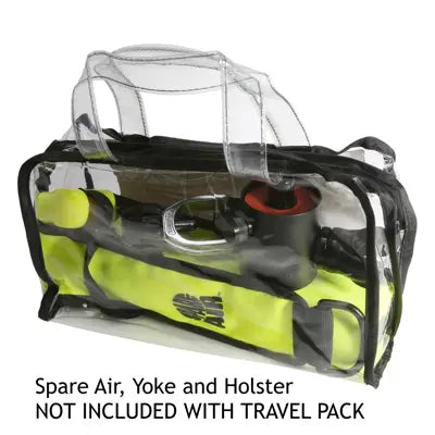 Spare Air travel pack carrying bag shown with note that cylinder, yoke, and holster are not included.
