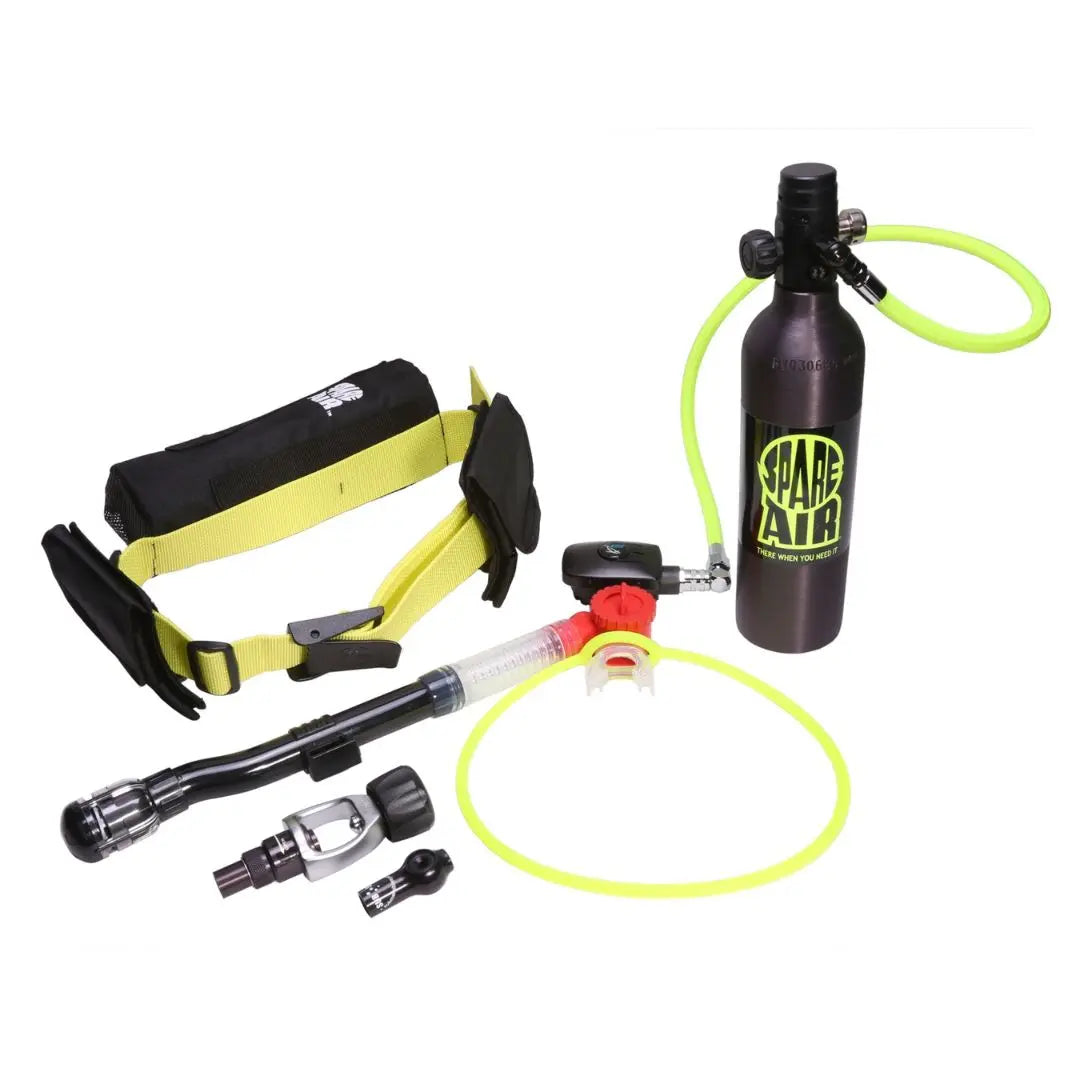 Spare Air Xtreme 6 complete mini scuba kit with cylinder, hose, regulator, belt, and refill adapters.
