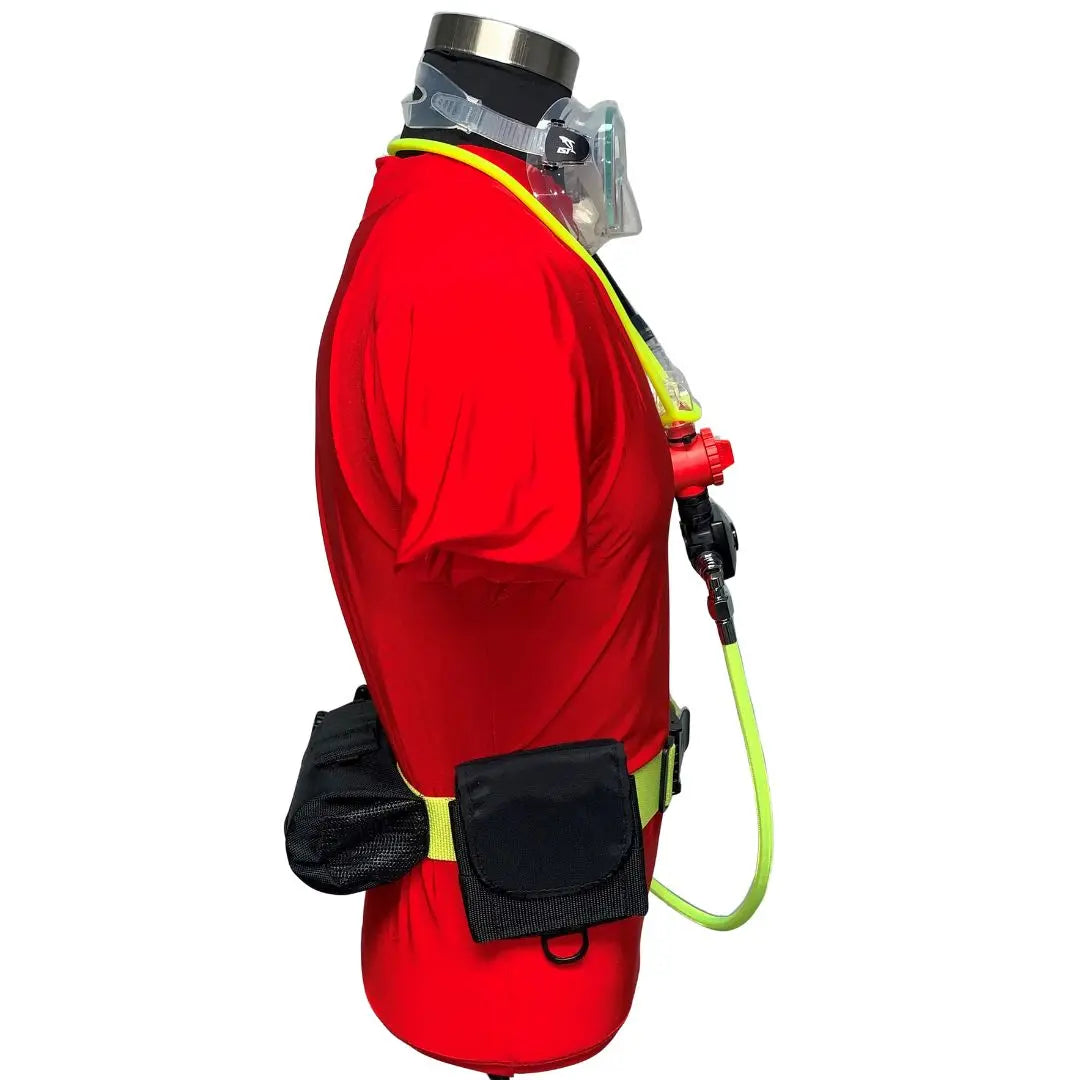 Side profile view of the Spare Air Xtreme 6 mini scuba system worn on a mannequin showing regulator, hose routing, and waist-mounted cylinder.
