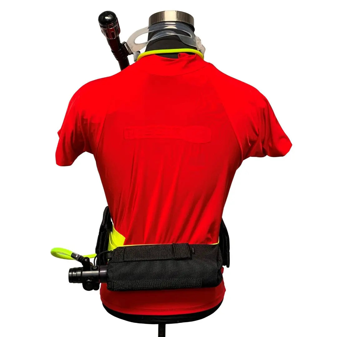 Rear view of the Spare Air Xtreme 6 mini scuba system worn on a mannequin showing belt mount and hose routing.

