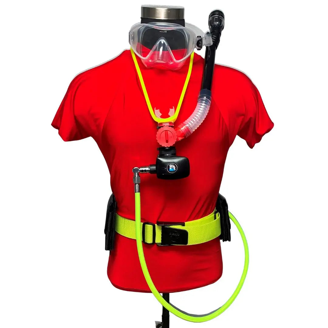 Spare Air Xtreme 6 mini scuba system worn on a mannequin with regulator, hose, belt mount, and second stage.
