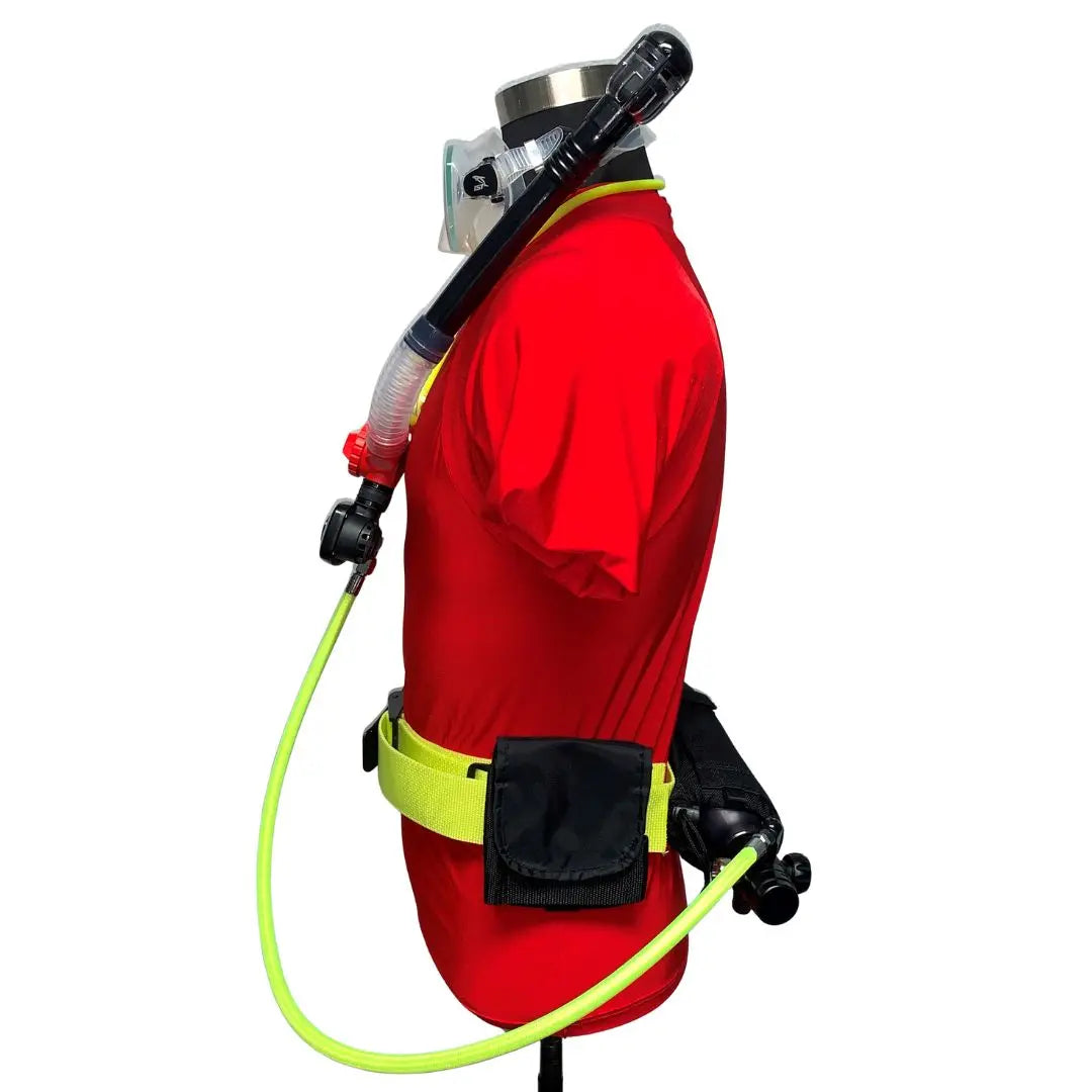 Side view of the Spare Air Xtreme 6 mini scuba system worn on a mannequin showing belt mount, hose routing, and regulator placement.
